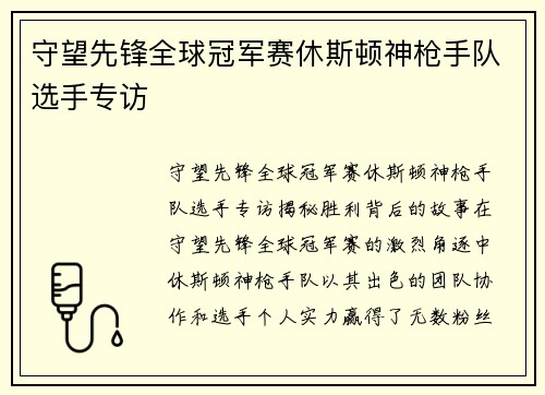 守望先锋全球冠军赛休斯顿神枪手队选手专访