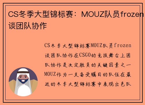 CS冬季大型锦标赛：MOUZ队员frozen谈团队协作