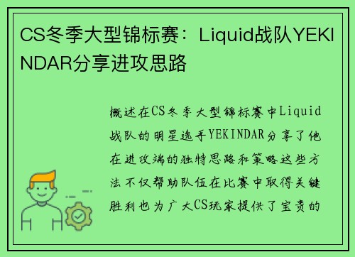CS冬季大型锦标赛：Liquid战队YEKINDAR分享进攻思路