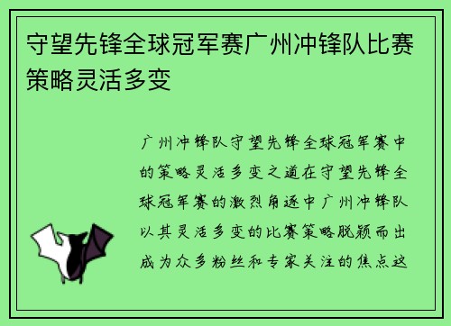 守望先锋全球冠军赛广州冲锋队比赛策略灵活多变